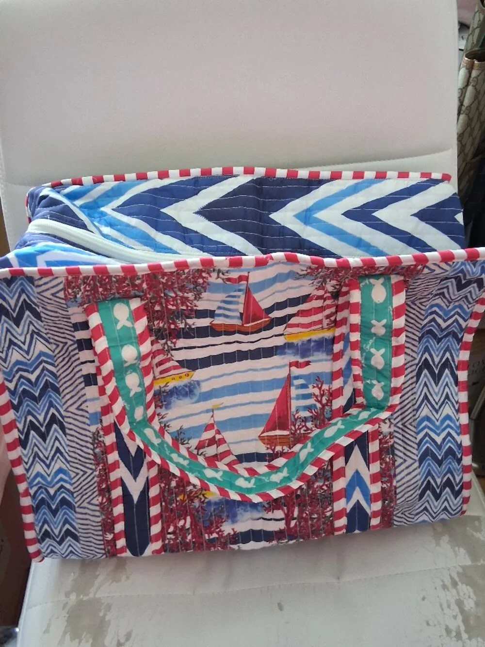 ANTICA SARTORA ITALY QUILTED TOTE BAG Boat SCENE PRINT COTTON NWT